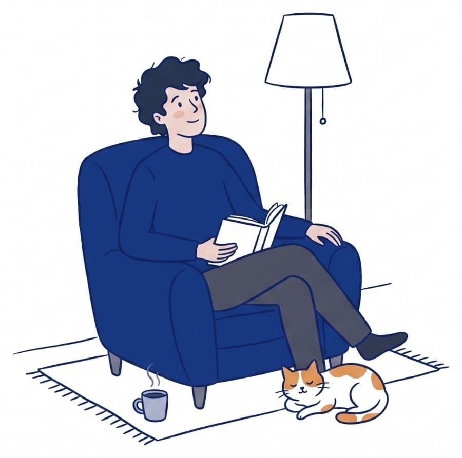 Illustration of a man reading in a blue armchair by a lamp, a mug of tea and a sleeping cat at his feet